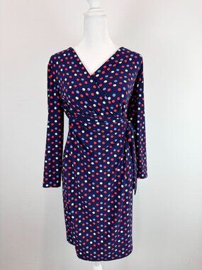 Anne Klein Women’s Wrap Dress Size S Blue Polka Dot Long Sleeve V Neck